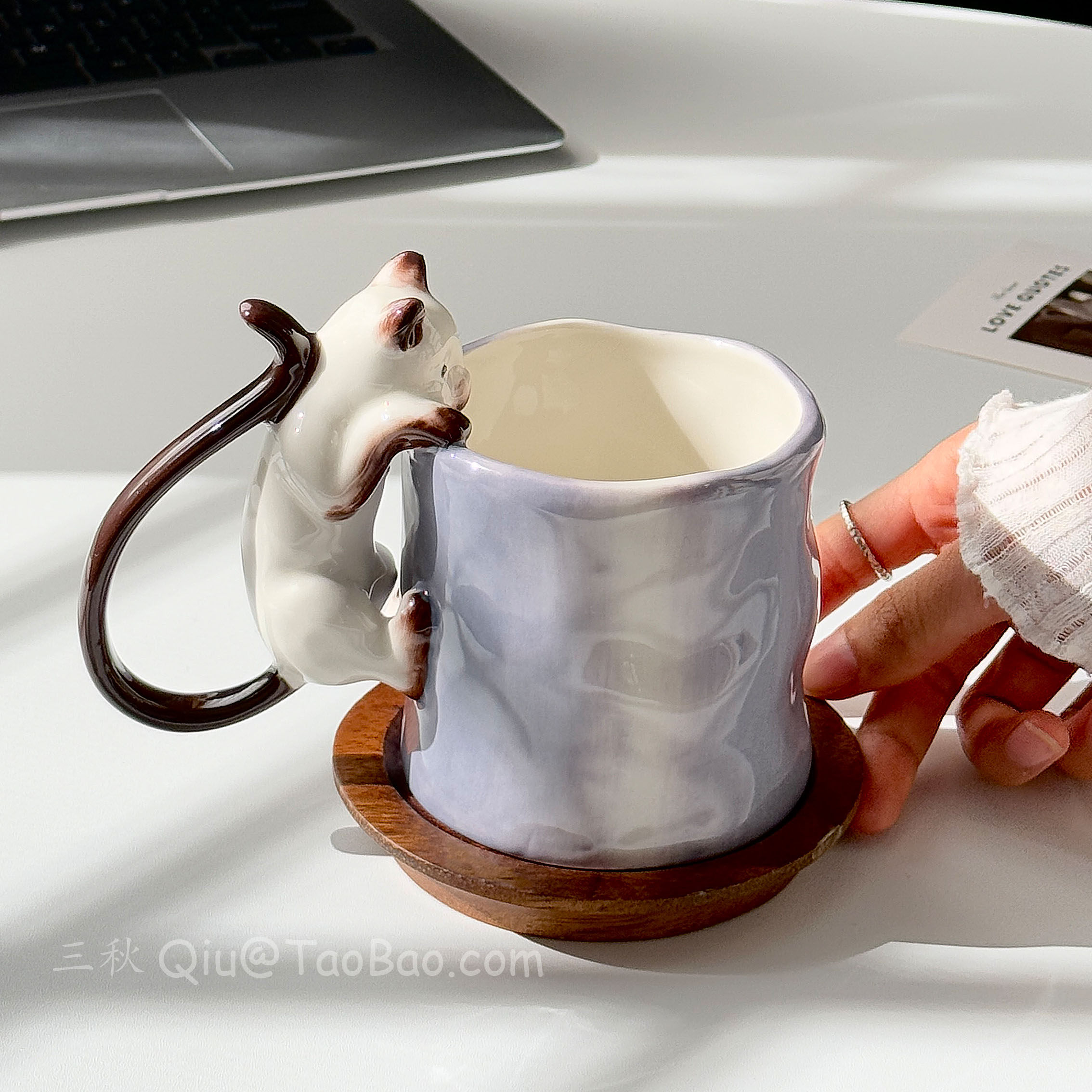 复古手作立体暹罗猫渐变紫马克杯陶瓷杯大容量水杯咖啡杯小众礼物