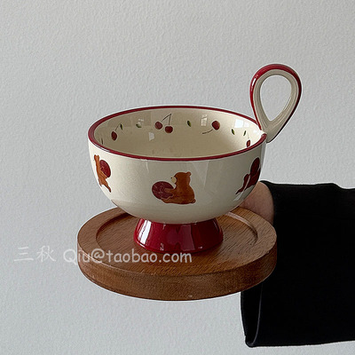 小熊红色高提手陶瓷咖啡杯碟水杯