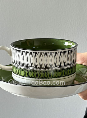 三秋Sanq复古绿色手作咖啡杯碟拉花拿铁杯下午茶水杯小众创意礼物
