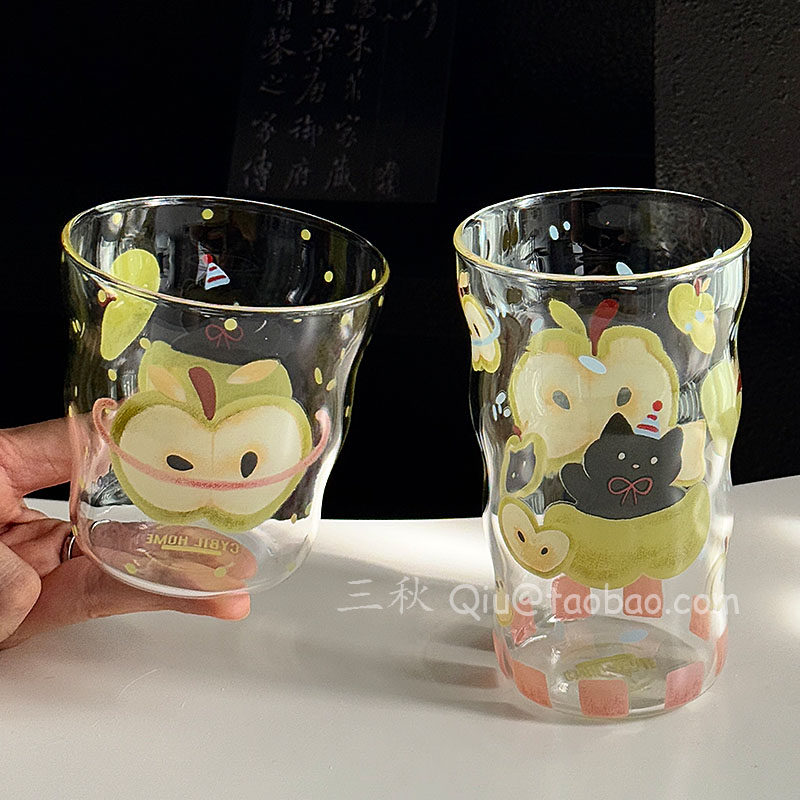 春夏果趣青苹果猫咪玻璃杯水杯