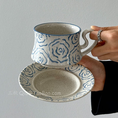 复古手绘蓝玫瑰咖啡杯碟套装水杯