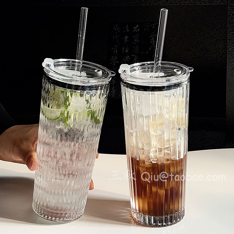 Sanq高颜值透明玻璃杯夏季带盖大容量喝水杯冰咖啡杯果汁杯饮品杯