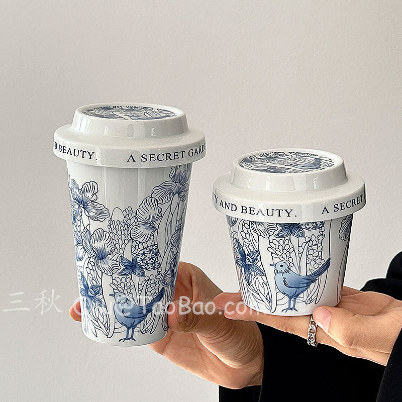 三秋Sanq复古国潮青花鸟陶瓷杯便携带盖大容量水杯茶杯拿铁咖啡杯