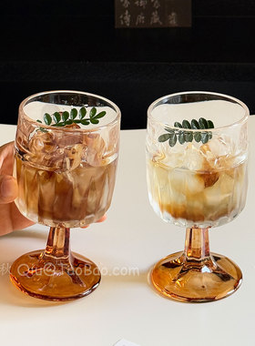 小众复古高级感琥珀杆百褶威士忌杯高脚玻璃葡萄酒杯甜酒杯饮料杯