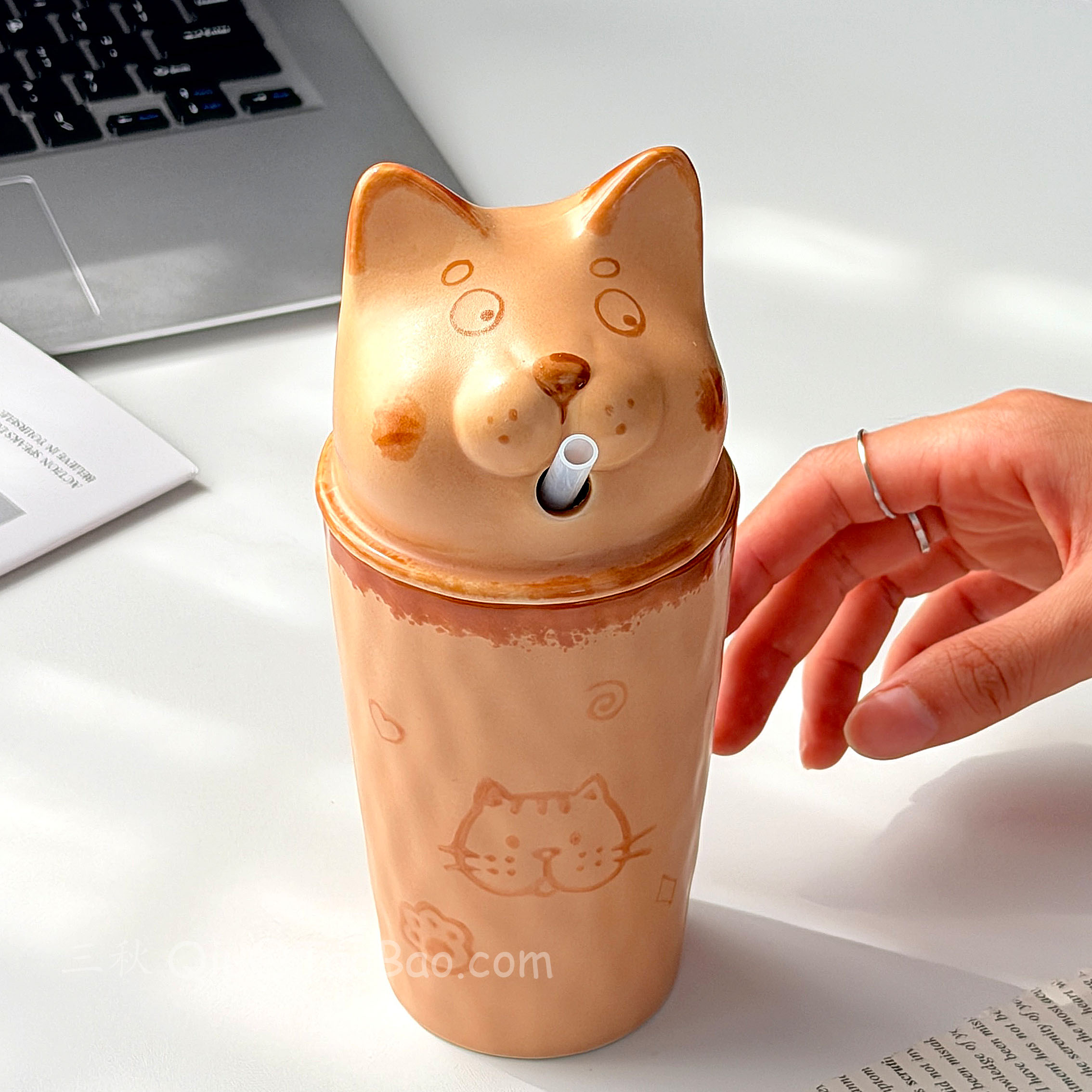 景德镇手绘面包猫猫咖啡杯水杯