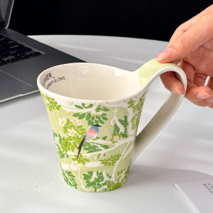 复古春日绿意树梢鹊流线杯马克杯陶瓷杯大容量水杯拿铁咖啡杯礼物