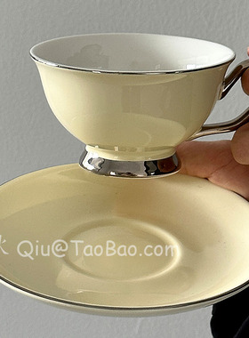 三秋Sanq复古轻奢淡黄色咖啡杯碟下午茶杯水杯拿铁拉花杯小众礼物