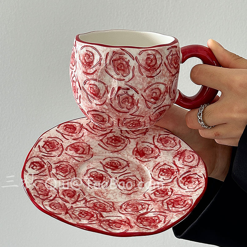 三秋Sanq复古手作手绘玫瑰咖啡杯碟下午茶水杯拿铁杯小众轻奢礼物,餐饮具,咖啡杯,淘宝优惠券,粉丝福利购,淘宝优惠卷