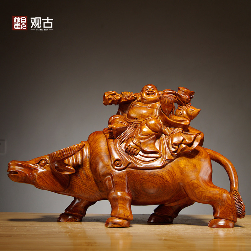 花梨木雕骑牛弥勒佛像摆件扭转乾坤坐笑佛家居玄关装饰红木工艺品