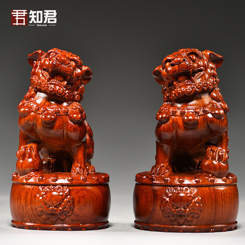 花梨木雕狮子摆件实木一对大号宫门狮家居客厅玄关装饰红木工艺品