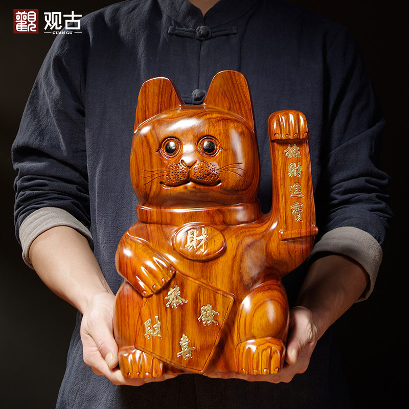 花梨木雕刻猫摆件红木家居客厅公司前台收银台装饰店铺开业送礼品