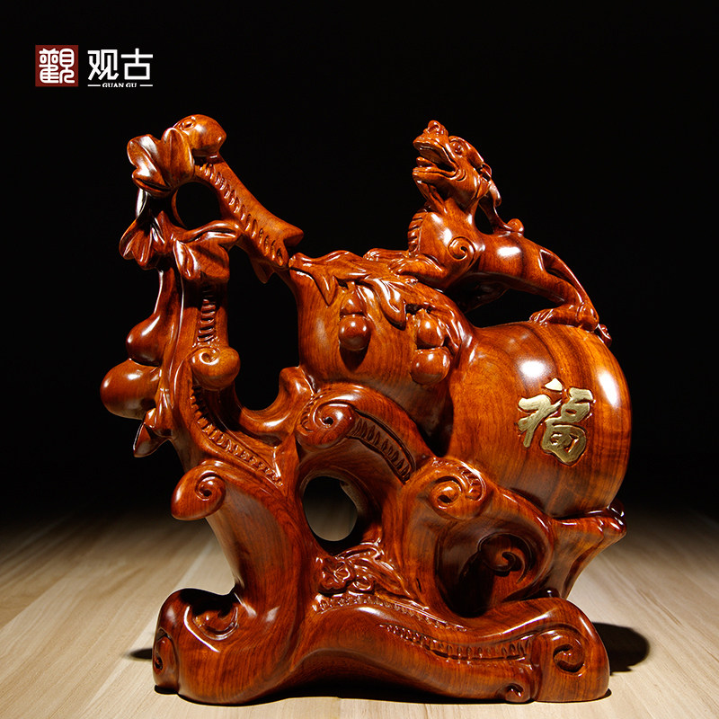 花梨木雕刻貔貅葫芦摆件家居客厅办公室装饰红木质工艺品开业送礼