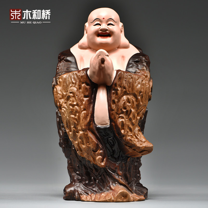 彩绘实木雕弥勒佛像摆件客厅玄关店铺笑佛装饰工艺品开业乔迁送礼