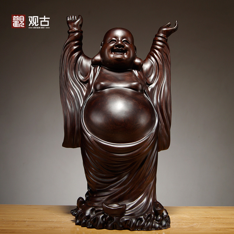黑檀木雕弥勒佛像摆件实木质雕刻大肚笑佛家居客厅装饰红木工艺品