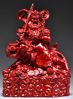 红色木雕刻武财神骑虎赵公明神像摆件家居公司装饰工艺品开业送礼