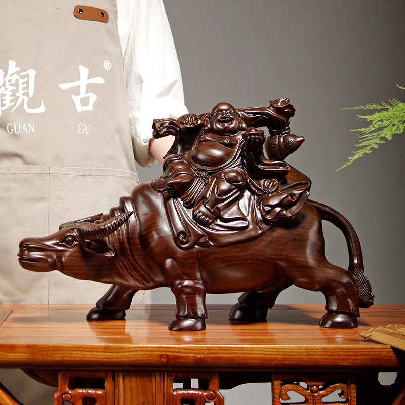 黑檀木雕骑牛弥勒佛像摆件扭转乾坤坐笑佛家居客厅装饰红木工艺品