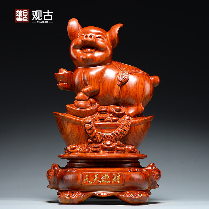 花梨木雕猪摆件动物木头生肖猪工艺品红木家居装饰店铺开业送礼品