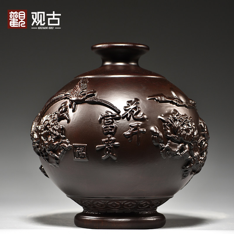 黑檀木雕花开富贵花瓶摆件喜上眉梢客厅插花装饰家居实木质工艺礼