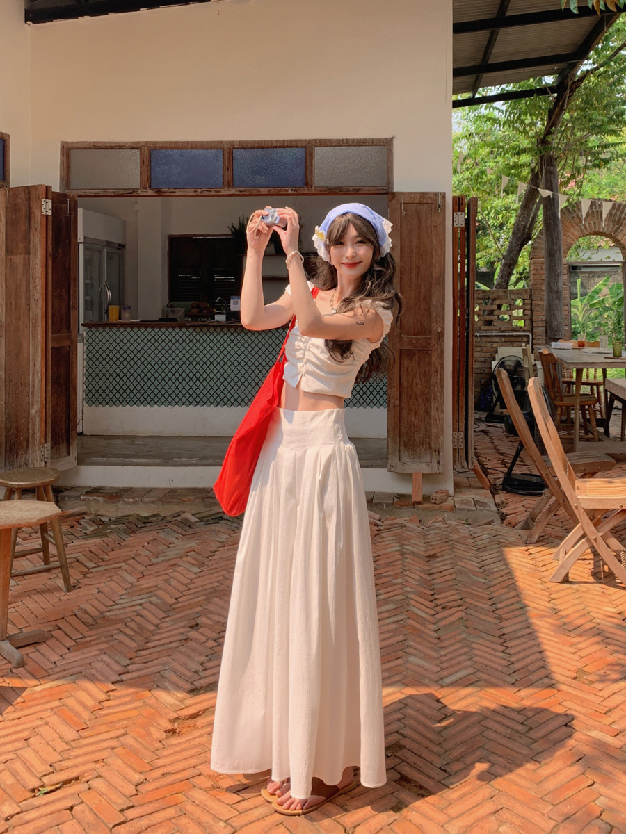 XIALAN XIYU SMBL RAIN 레트로 베이지 디자인 허리 탑 정장 드레스 투피스 여성 여름 세트