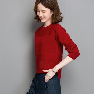 秋冬新款圆领前短后长小个子短款毛衣女百搭洋气打底显气质针织衫
