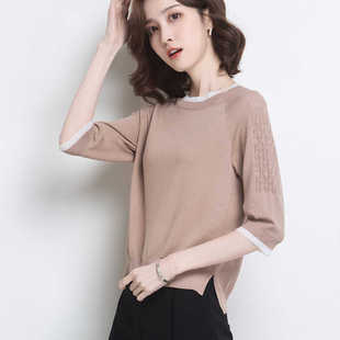 前短后长针织衫女春秋短款套头宽松时尚打底衫百搭七分袖上衣薄款