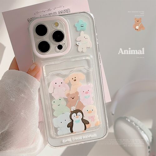 适用动物插卡包苹果15promax手机壳iphone17韩风卡通11全包13软16