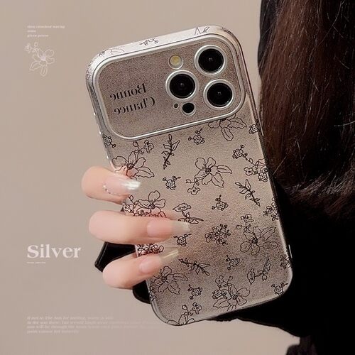 适用素描花朵iphone16苹果15手机壳13promax银色皮质17高级感12韩