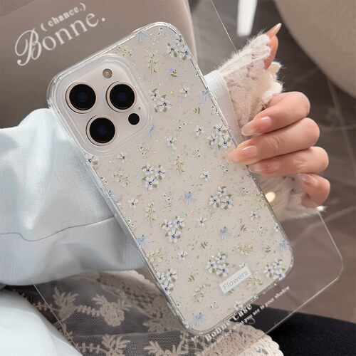适用温柔蓝碎花苹果16promax手机壳17清新唯美iphone14闪粉11透明