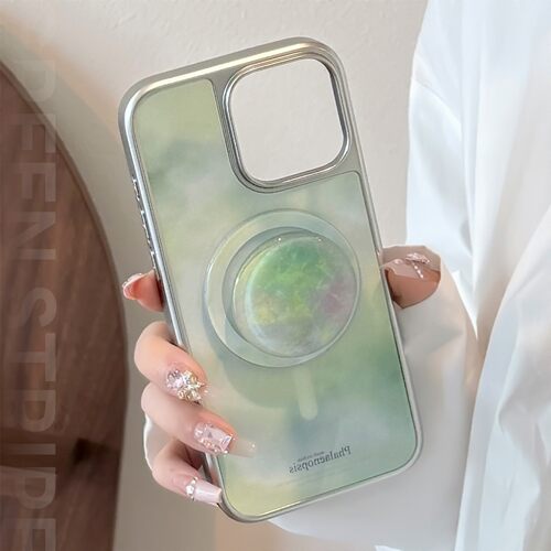 适用清新绿理石纹苹果15promax手机壳iphone16电镀磁吸支架13硬17