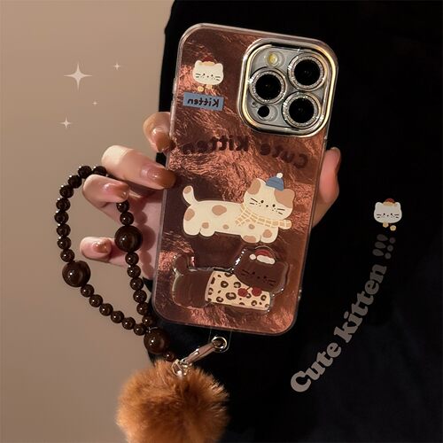 适用呆萌棕色猫咪带支架苹果17promax手机壳iphone16闪粉13毛绒绳14硬