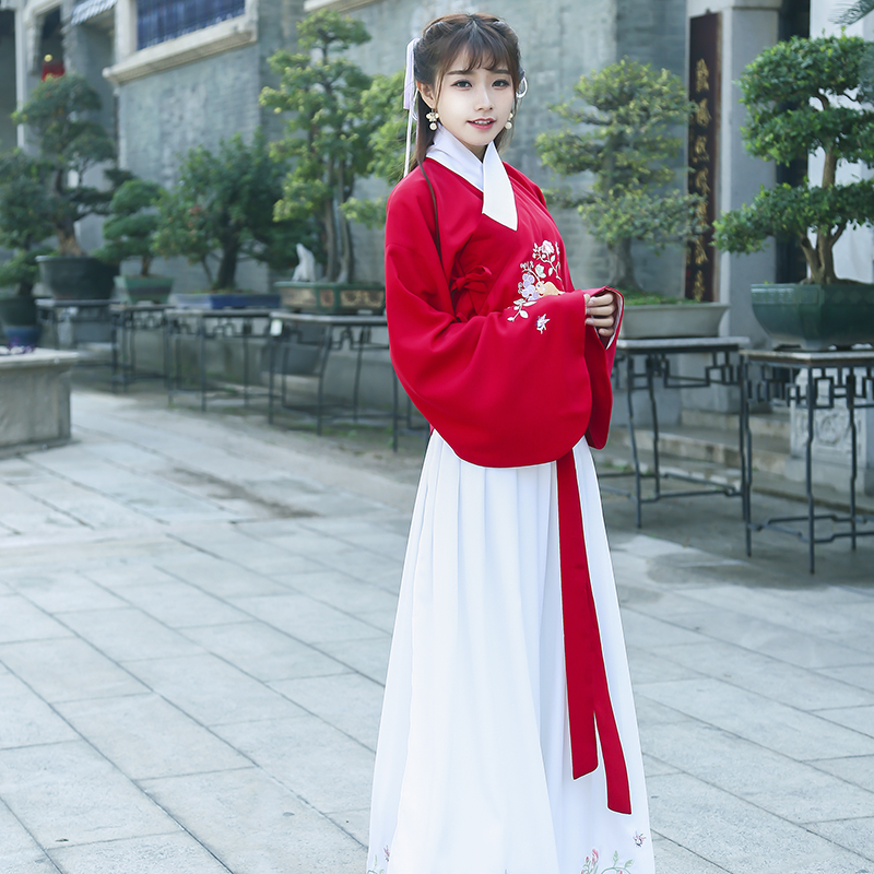出租复古风红色春秋新款汉服女装运动会入场古装舞蹈演出服装租赁