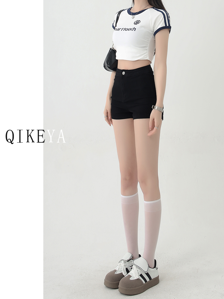 黑色牛仔短裤女2025春秋新款美式高腰辣妹包臀紧身弹力a字热裤子
