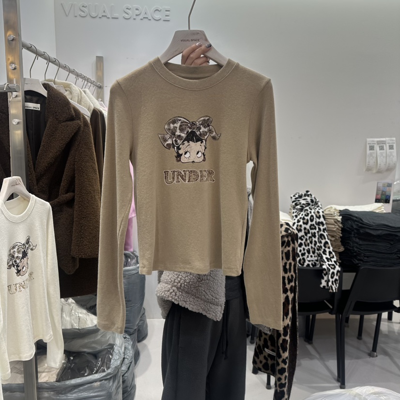 VISUAL SPACE韩国正品代购2025卡通印花长袖T恤女修身圆领上衣