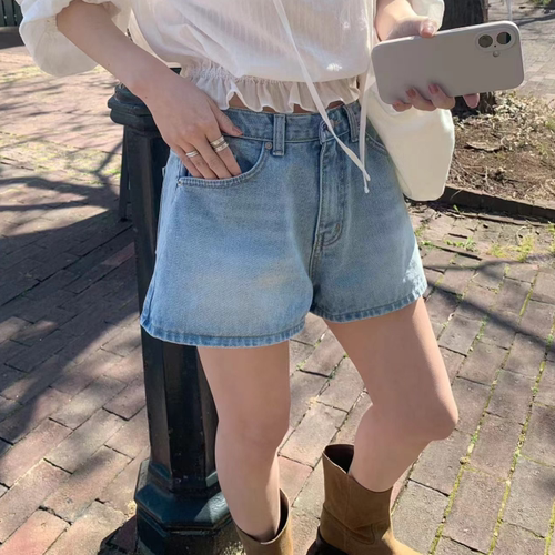 韩国正品代购 MELLOUNGE春季新款简约显瘦又显高阔腿休闲牛仔短裤