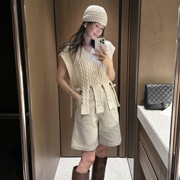Partysu正品 韩国代购春 松弛感V领麻花针织背心女无袖开叉马甲