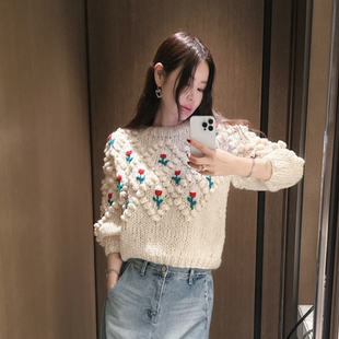 即发 partysu韩国正品代购 重工刺绣花朵毛衣女慵懒风宽松针织衫