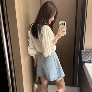 现货 Partysu夏 韩国代购 俏皮可爱高腰小A字显瘦文艺范牛仔短裤