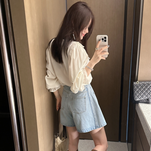 现货 Partysu夏 韩国代购 俏皮可爱高腰小A字显瘦文艺范牛仔短裤