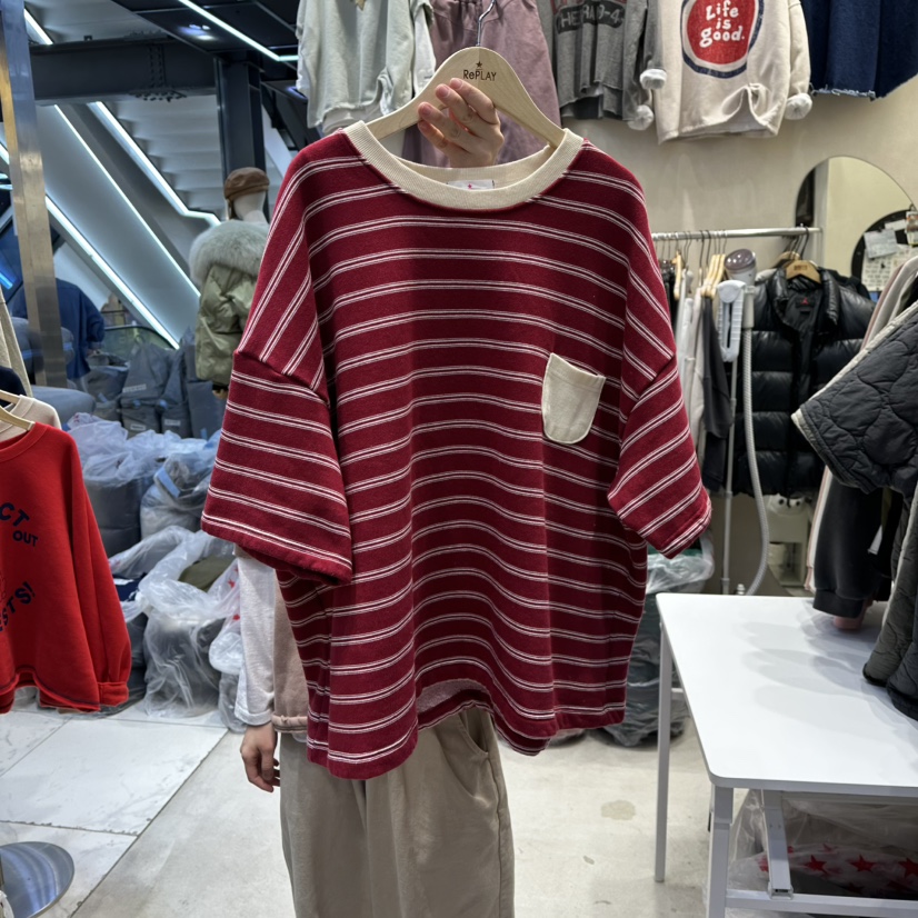 REPLAY韩国正品代购2025复古条纹风撞色口袋短袖T恤女设计上衣