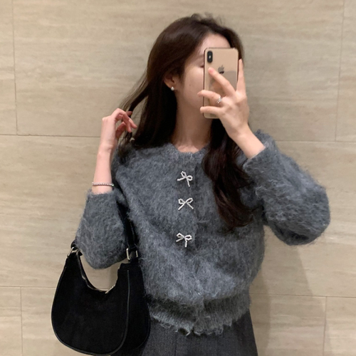 韩国正品代购2025蝴蝶结毛绒针织开衫女圆领毛毛衣冬季保暖上衣