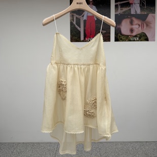 韩国正品代购 MADE-P夏款立体花朵装饰吊带V领娃娃衫宽松大摆背心