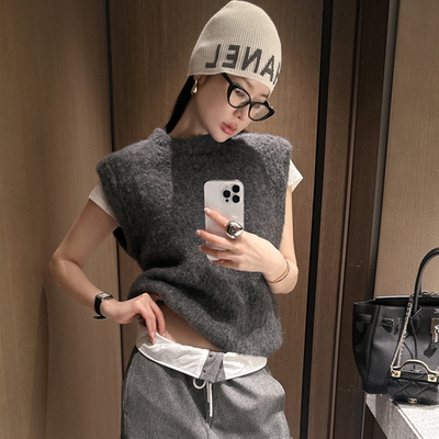 partysu韩国正品代购2025冬季新款时尚气质纯色圆领针织马甲女