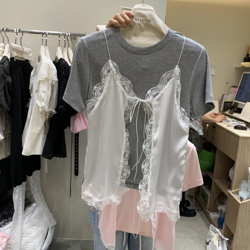 韩国正品代购 BY FLOW春季新款纯欲风蕾丝吊带假两件拼接气质T恤