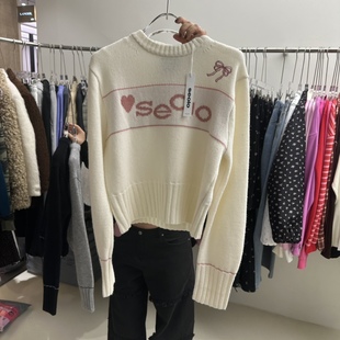 SEOLO韩国正品代购2025字母印花圆领套头毛衣女长袖针织衫