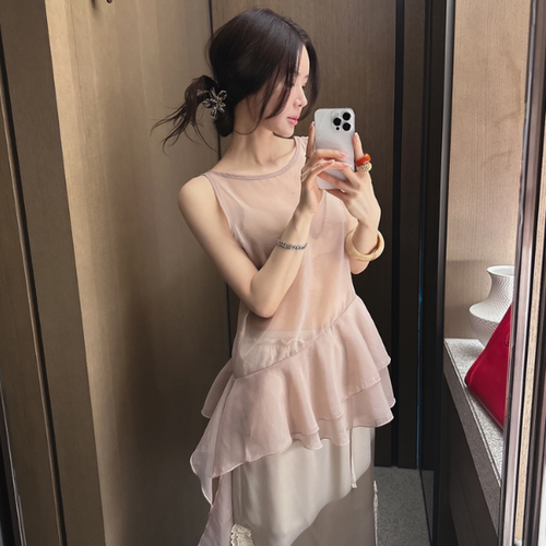 Partysu正品 韩国代购春淑女温柔碎花V领吊带不规则荷叶边背心