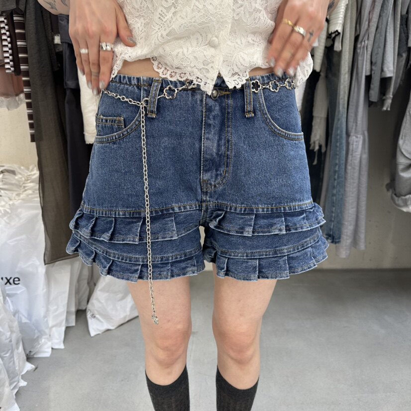韩国正品代购 FOUNDATION夏季新款俏皮减龄褶边高腰显瘦牛仔短裤