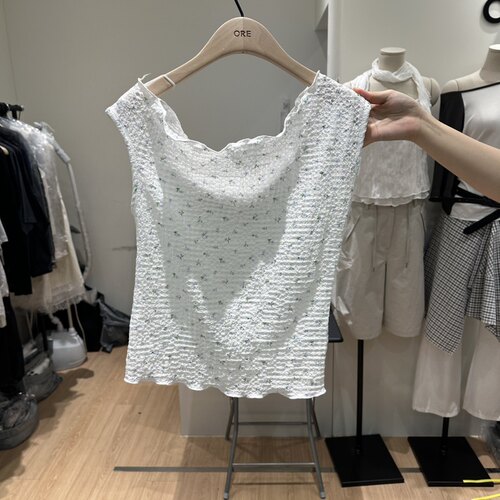 韩国正品代购 ORE-P夏季新款减龄百搭甜美肌理褶皱碎花无袖背心
