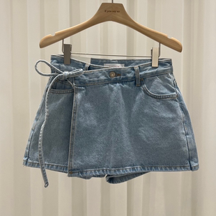 代购 女设计感不规则半身裙裤 春季 高腰绑带牛仔短裙裤 新款 韩国正品