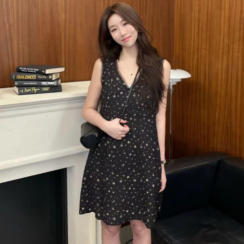 韩国正品代购 PEPPER春季新款清新碎花纹V领叠穿百搭无袖连衣裙