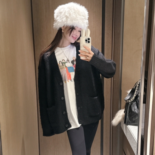 partysu韩国正品代购2026春季新款慵懒风V领针织开衫女毛衣外套